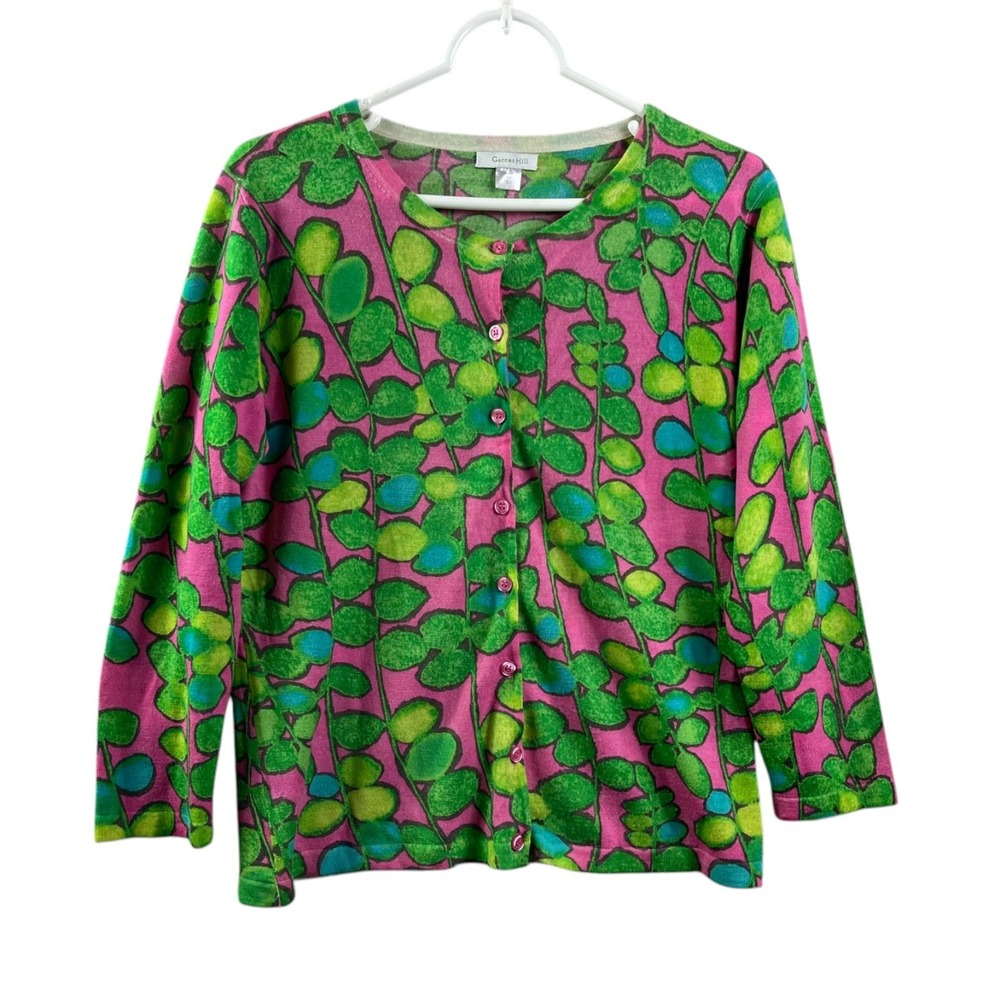 Garnet Hill Merino Wool Leaf Botanical Print Cardigan Sweater Womens Large